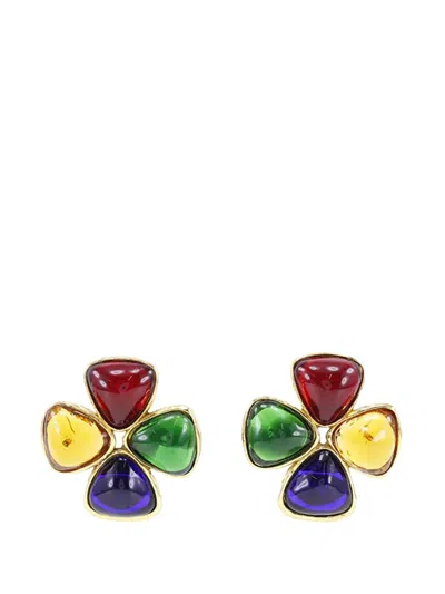 Pre-owned Chanel 1991 Multicolor Gold Plated Gripoix Clover Clip On Earrings Costume Earrings