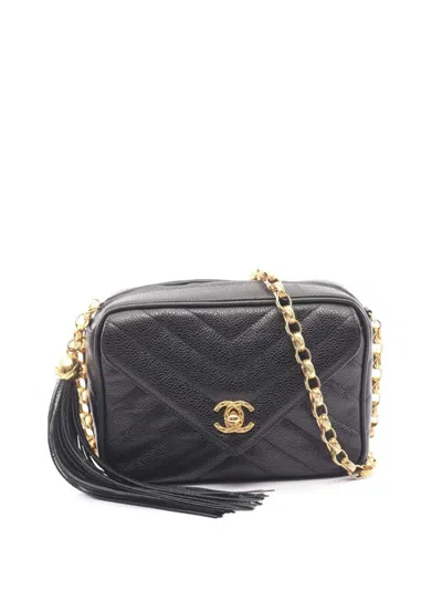 Pre-owned Chanel 1991-1994 Caviar Chevron Tassel Camera Case Crossbody Bag In Black