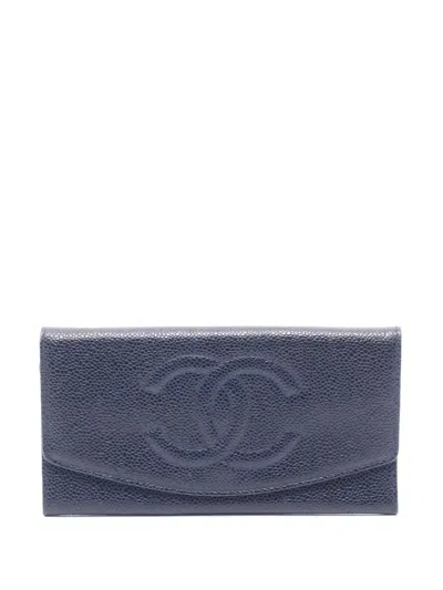 Pre-owned Chanel 1991-1994 Cc Caviar Wallet Long Wallets In Blue