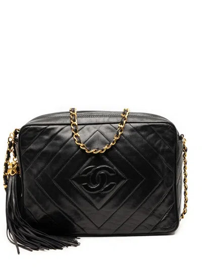 Pre-owned Chanel 1991-1994 Cc Diamond Quilted Lambskin Tassel Camera Bag Crossbody Bag In Black