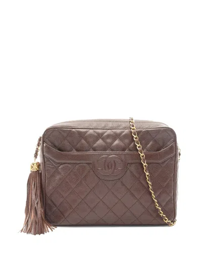 Pre-owned Chanel 1991-1994 Cc Quilted Caviar Tassel Camera Bag Crossbody Bag In Black