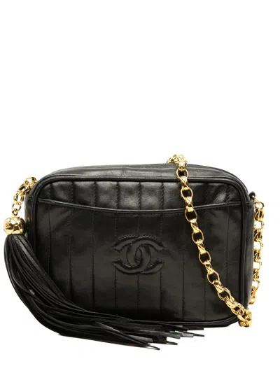 Pre-owned Chanel 1991-1994 Cc Vertical Quilted Lambskin Tassel Camera Bag Crossbody Bag In Black