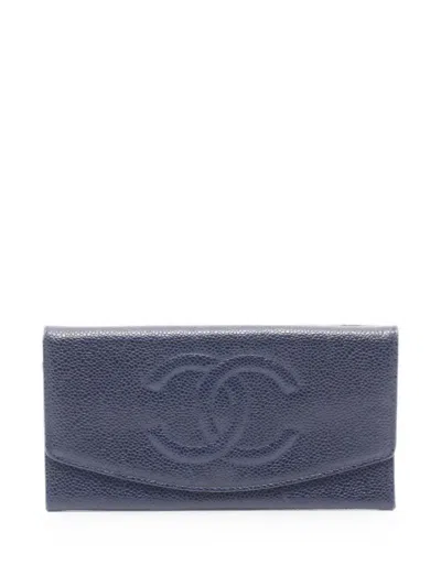 Pre-owned Chanel 1991-1994 Coco Mark Bi-fold Leather Wallet In Blue