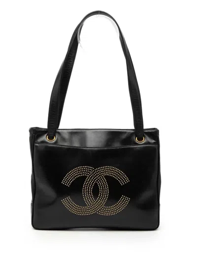Pre-owned Chanel 1991-1994 Lambskin Cc Studded Logo Tote Shoulder Bag In Black