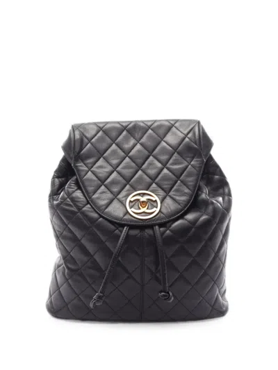 Pre-owned Chanel 1991-1994 Matelassé Lambskin Backpack In Black