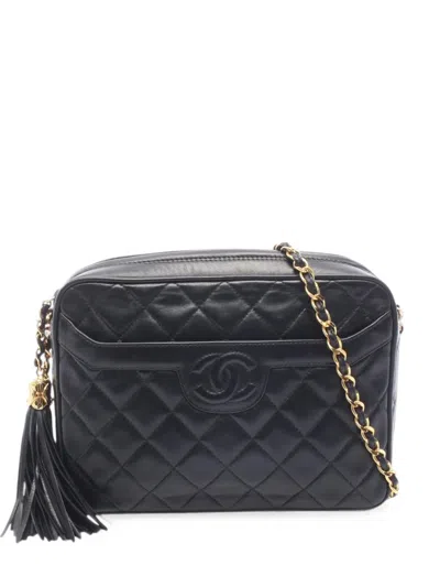 Pre-owned Chanel 1991-1994 Medium Cc Quilted Lambskin Tassel Camera Bag Crossbody Bag In Black
