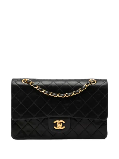 Pre-owned Chanel 1991-1994 Medium Classic Lambskin Double Flap Shoulder Bag In Black