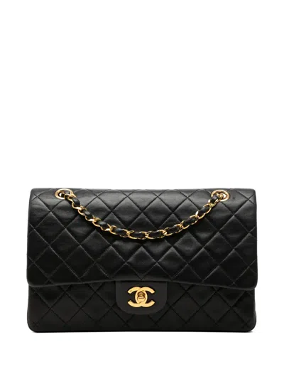 Pre-owned Chanel 1991-1994 Medium Classic Lambskin Double Flap Shoulder Bag In Black