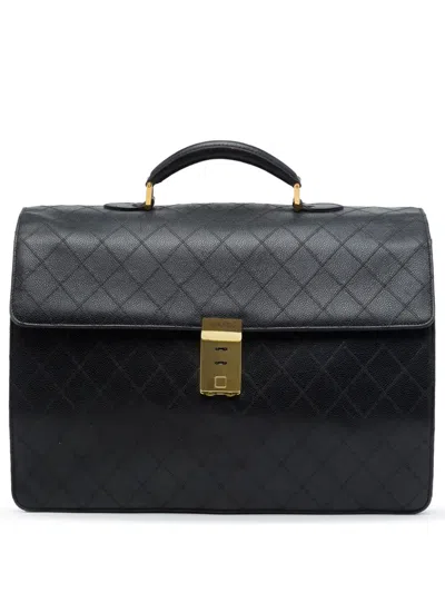 Pre-owned Chanel 1991-1994 Quilted Caviar Combination Lock Briefcase Business Bag In Black