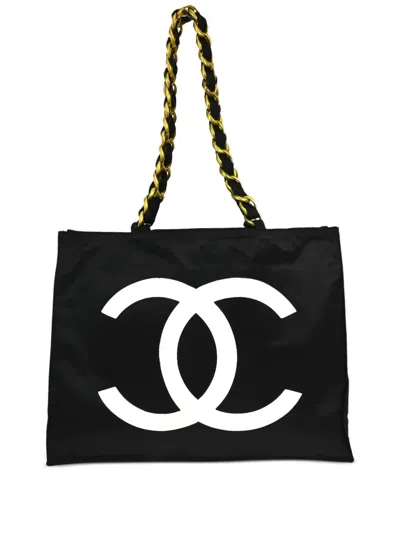 Pre-owned Chanel 1992 Cc Logo Tote Bag In Black
