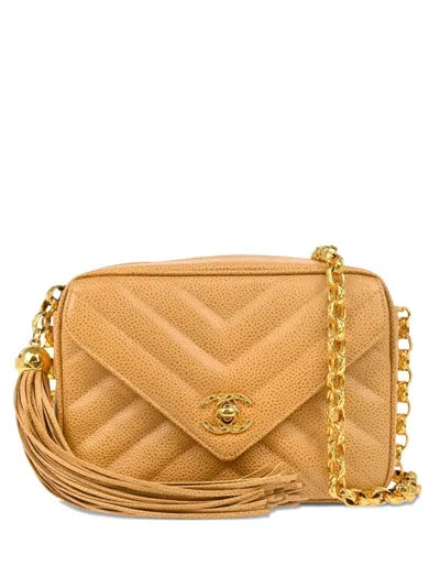 Pre-owned Chanel 1992 Chevron Camera Mini Bag In Neutral