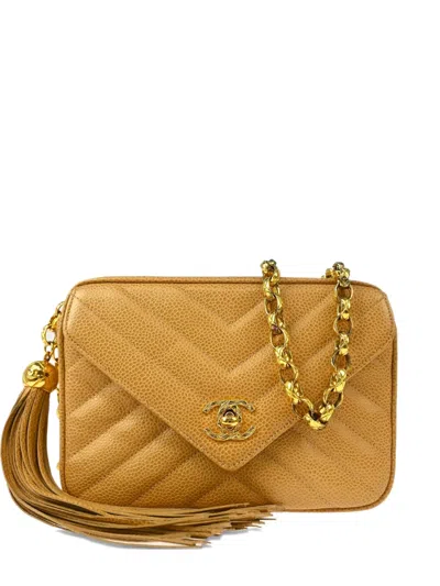 Pre-owned Chanel 1992 Chevron Tassel Camera Bag In Neutral