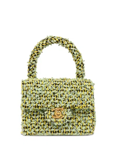 Pre-owned Chanel 1992 Micro Tweed Kelly Handbag In Green
