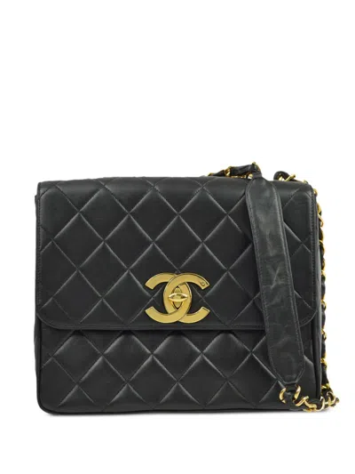 Pre-owned Chanel 1992 Straight Flap Shoulder Bag In Black