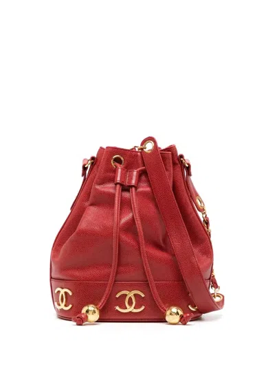 Pre-owned Chanel 1992 Triple Cc Drawstring Bucket Bag In Red