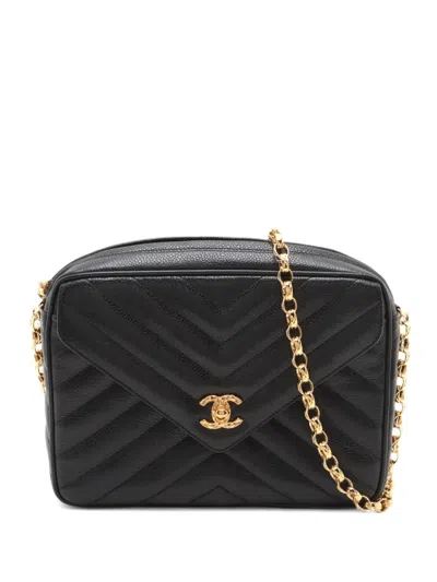 Pre-owned Chanel 1993-1994 Camera Chevron-quilted Shoulder Bag In Black