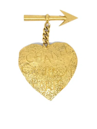 Pre-owned Chanel 1993 Bow & Arrow Heart Brooch In Gold