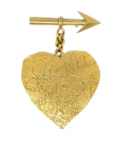 Pre-owned Chanel 1993 Bow & Arrow Heart Brooch In Gold