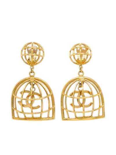 Pre-owned Chanel 1993 Cc Birdcage Clip-on Earrings In 金色