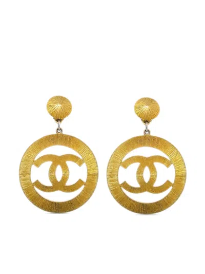 Pre-owned Chanel 1993 Cc Drop Clip-on Earrings In Gold