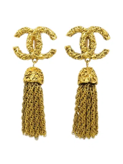 Pre-owned Chanel 1993 Cc Fringe-detail Clip-on Earrings In Gold