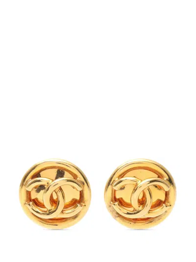 Pre-owned Chanel 1993 Cc Gold Plated Button Clip On Earrings Costume Earrings