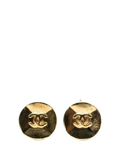 Pre-owned Chanel 1993 Cc Gold Plated Button Clip On Earrings Costume Earrings