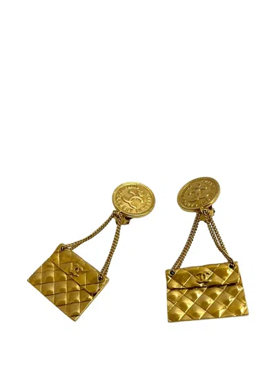 Pre-owned Chanel 1993 Cc Gold Plated Classic Quilted Flap Medallion Clip On Earrings Costume Earrings