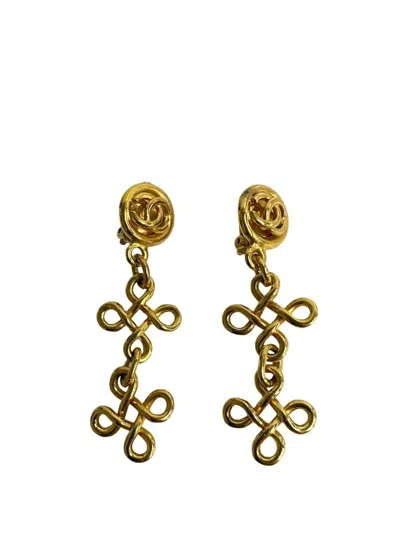 Pre-owned Chanel 1993 Cc Gold Plated Dangle Clip On Earrings Costume Earrings