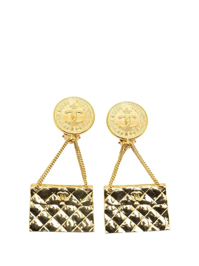 Pre-owned Chanel 1993 Cc Gold Plated Flap Bag Drop Clip On Earrings Costume Earrings