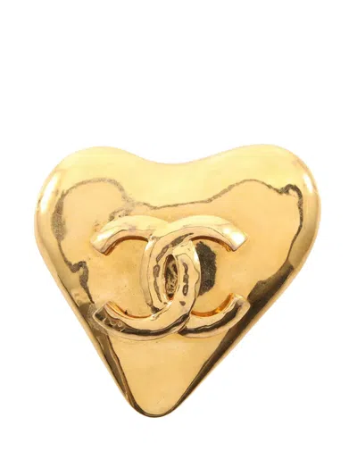 Pre-owned Chanel 1993 Cc Gold Plated Heart Brooch Costume Brooch