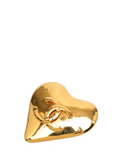 Pre-owned Chanel 1993 Cc Gold Plated Heart Brooch Costume Brooch
