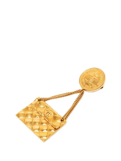 Pre-owned Chanel 1993 Cc Gold Plated Quilted Flap Bag Medallion Brooch Costume Brooch