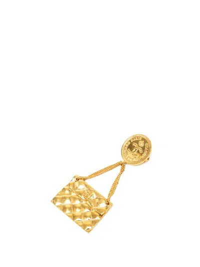 Pre-owned Chanel 1993 Cc Gold Plated Quilted Flap Bag Medallion Brooch Costume Brooch