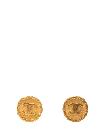 Pre-owned Chanel 1993 Cc Gold Plated Round Clip On Earrings Costume Earrings