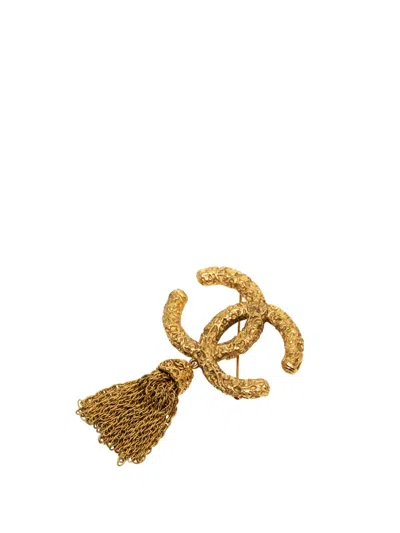 Pre-owned Chanel 1993 Cc Gold Plated Tassel Lava Fringe Brooch Costume Brooch