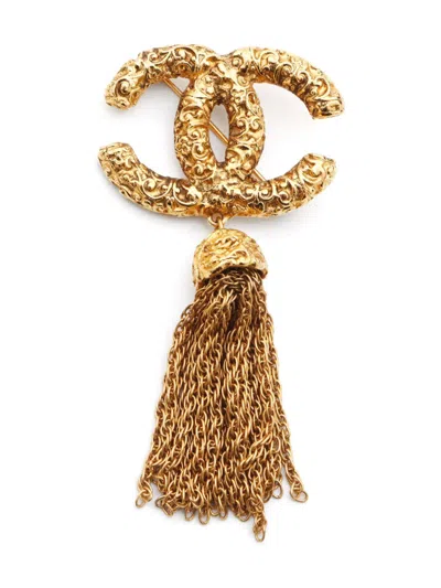 Pre-owned Chanel 1993 Cc Logo Lava Brooch In Gold