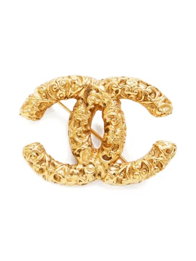 Pre-owned Chanel 1993 Cc Mark Lava Brooch In Gold