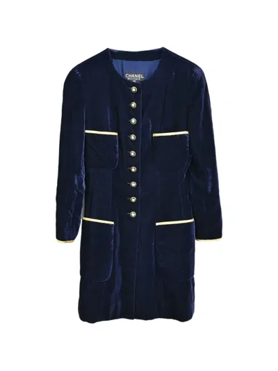 Pre-owned Chanel 1993 Collarless Velvet Coat In Blue