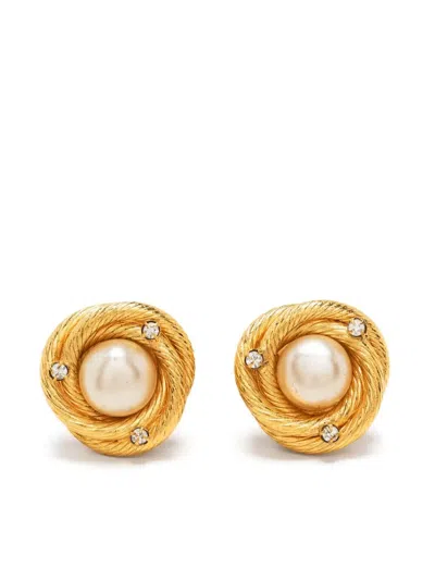 Pre-owned Chanel 1993 Embellished Faux-pearl Clip-on Earrings In Gold