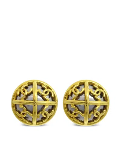 Pre-owned Chanel 1993 Faux-pearl Cc Clip-on Earrings In Gold