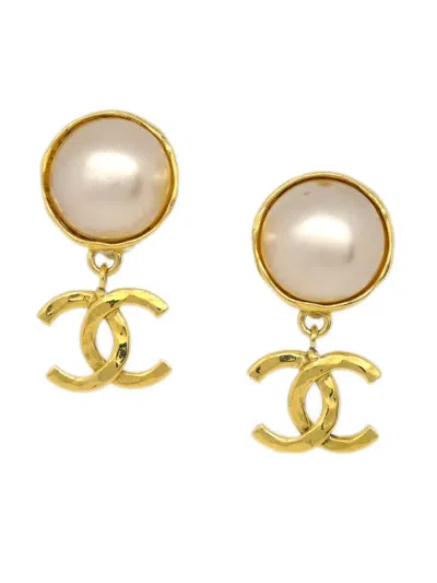 Pre-owned Chanel 1993 Faux-pearl Clip-on Earrings In Gold