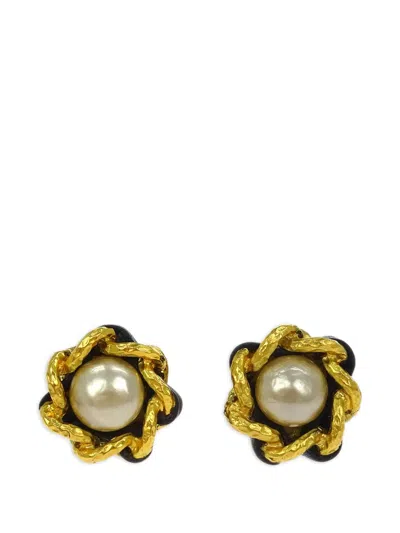 Pre-owned Chanel 1993 Faux-pearl Clip-on Earrings In Gold