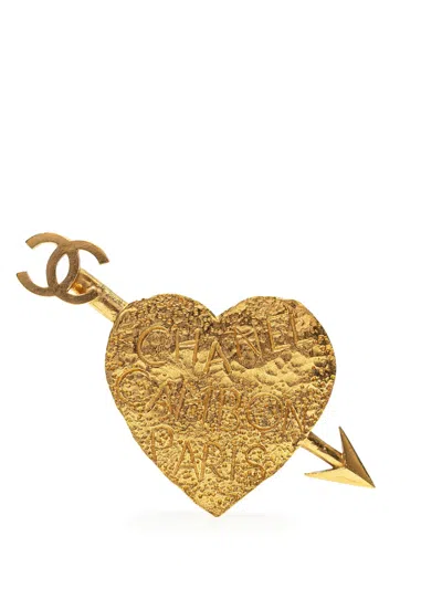 Pre-owned Chanel 1993 Gold Plated Cc Arrow And Heart Brooch Costume Brooch