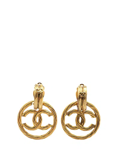 Pre-owned Chanel 1993 Gold Plated Cc Drop Clip-on Earrings Costume Earrings