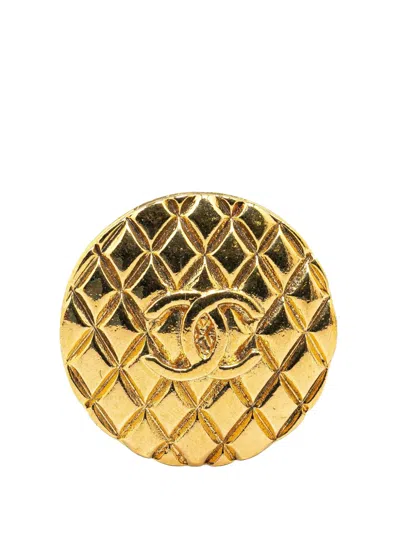 Pre-owned Chanel 1993 Gold Plated Cc Quilted Costume Brooch