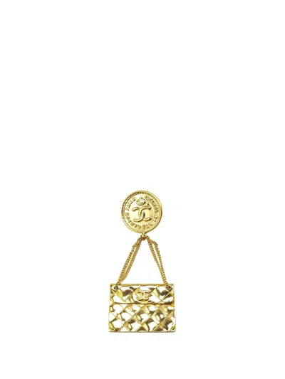 Pre-owned Chanel 1993 Gold Plated Cc Quilted Flap Bag Brooch Costume Brooch