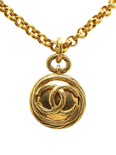 Pre-owned Chanel 1993 Gold Plated Cc Round Mirror Pendant Necklace Costume Necklace