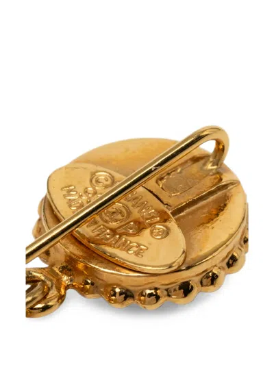 Pre-owned Chanel 1993 Gold Plated Clover Faux Pearl Drop Brooch Costume Brooch In Black