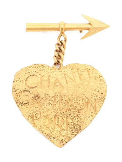 Pre-owned Chanel 1993 Heart-pendant Brooch In Gold